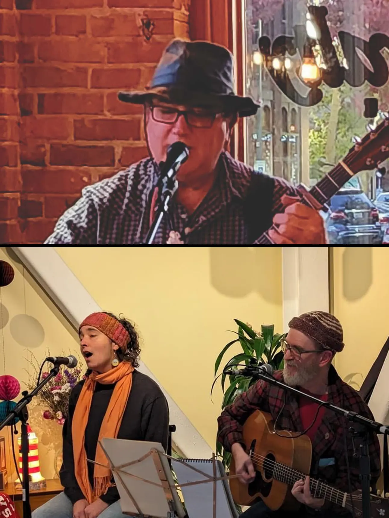 A collage of singer-songwriters all playing guitars and singing into microphones.